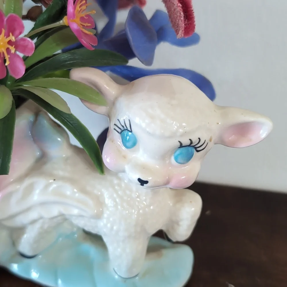Charming Pastel Lamb Planter with Flowers Cottagecore Vintage Blue Pink Decor
